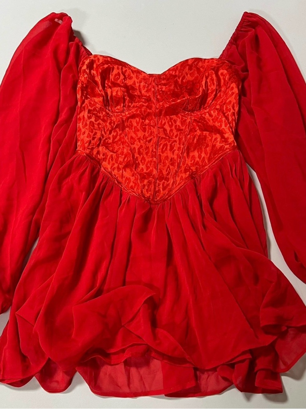 Red Cheetah Leopard Animal Print Satin Silk Long Sleeve Mini Dress Size S ❤️✨